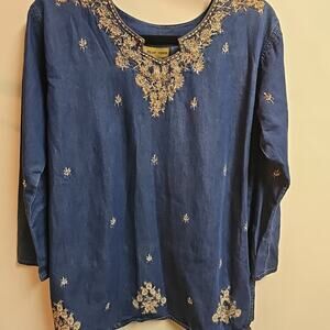 Stylish Chakra Denim Blouse Tan Embroidery European Size 44 (Size 12|14)